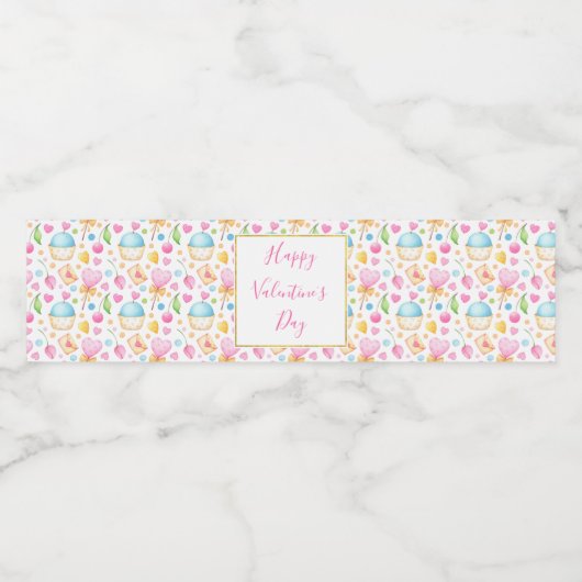 Herz und Muffins Wasserfarben Muster Valentine Wasserflaschenetikett (Einzelnes Label)