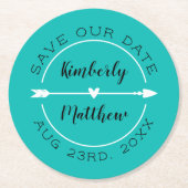 Herz und Pfeil Türkis Save the Date Runder Pappuntersetzer (Vorderseite)