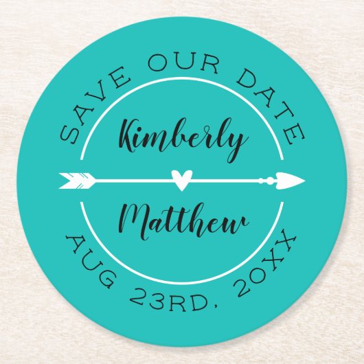 Herz und Pfeil Türkis Save the Date Runder Pappuntersetzer (Vorderseite)