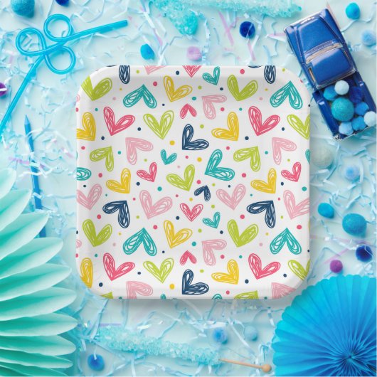 Herz und Punkte im Doodle-Stil Pappteller (Party)