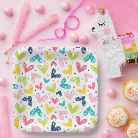 Herz und Punkte im Doodle-Stil Pappteller (Party)