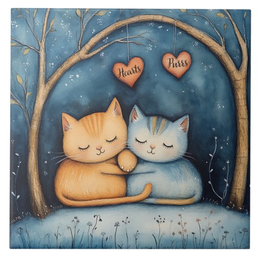 Herz und Purs Feline Soulmates Illustrierte Kunst Fliese (Vorderseite)