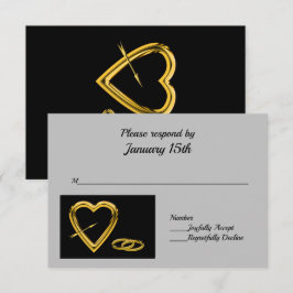 Herz und Ringe in Gold auf Black Modern UAWG RSVP Karte