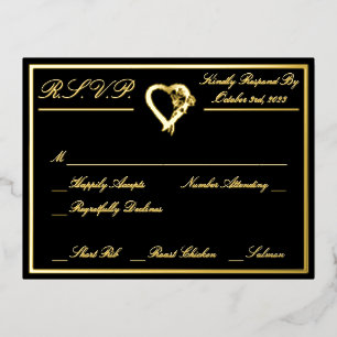 Herz und Rose, formale Schwarze Hochzeit RSVP Gold Folie Einladungspostkarte