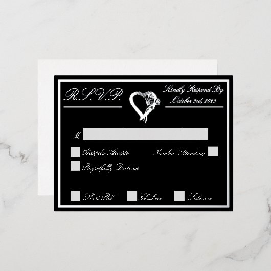 Herz und Rose, RSVP Silver, Black Wedding Folie Einladungspostkarte (Vorderseite/Rückseite)