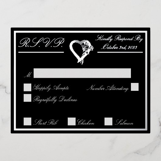 Herz und Rose, RSVP Silver, Black Wedding Folie Einladungspostkarte (Vorderseite)