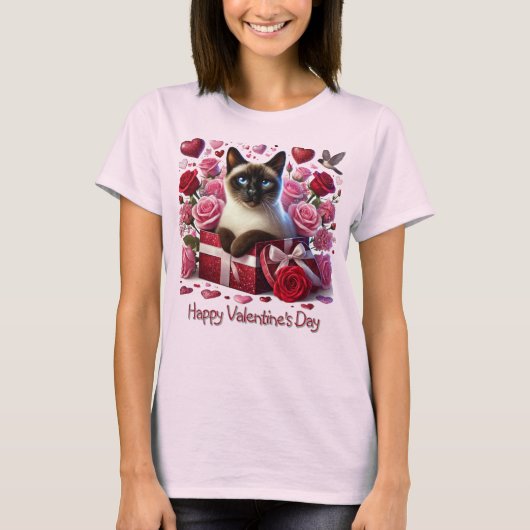Herz und Rose Valentinstag Siam Katze T-Shirt (Vorderseite)