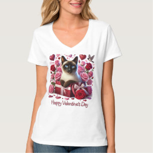 Herz und Rose Valentinstag Siam Katze T-Shirt