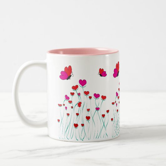 Herz und Schmetterlinge Valentinische Liebe Zweifarbige Tasse (Links)