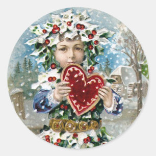 "Herz-und Schnee-" Vintages Weihnachten Runder Aufkleber