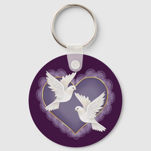 Herz und Tauben - Lila Schlüsselanhänger (Vorderseite)