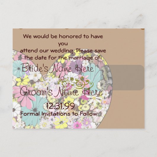 Herz und wild lebende Blume Save the Date Ankündigungspostkarte (Rückseite)