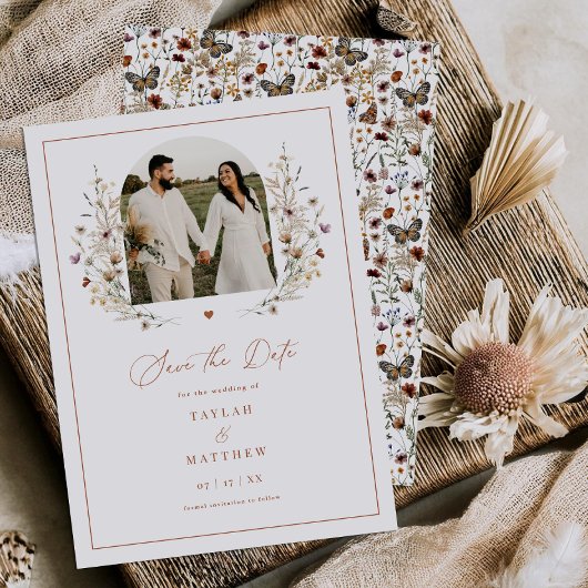 Herz-Wildblume Save the Date Boho Fotokarte