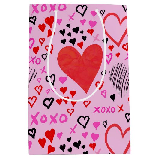 Herz, XOXO-rosa Musterpapier Mittlere Geschenktüte (Vorderseite)