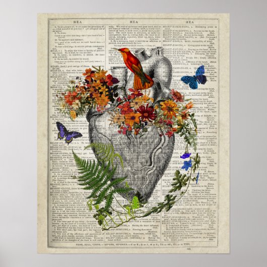 Herzanatomie mit Blume Schmetterlinge Hummingvogel Poster (Vorne)