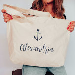 Herzanker Personalisiert Name Bachelorette Jumbo Stoffbeutel<br><div class="desc">Begrüßen Sie mit diesen niedlichen personalisierten Totttaschen Hochseeamänner und Freunde in Ihrem nautischen oder bootfähigen Junggeselinnen-Abschied. Das Design enthält eine Darstellung eines marineblauen Schiffes, die von einem kleinen Herz überragt wird und darunter eine Zeile mit eigenem, kursiven Skripttext enthält. Passen Sie mit dem Namen eines jeden Gastes für eine willkommene...</div>