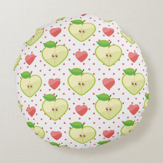 Herzäpfel mit rosa Polka-Punkten und Herz Rundes Kissen (Rückseite)