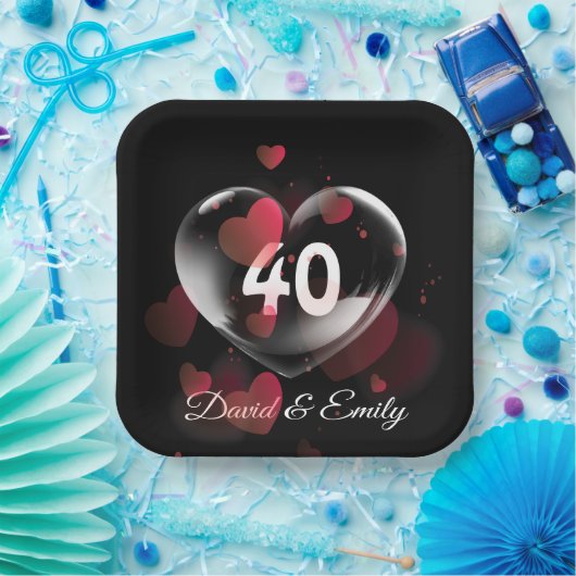 Herzblase zum 40. Jubiläum mit roten Herzen Pappteller (Party)