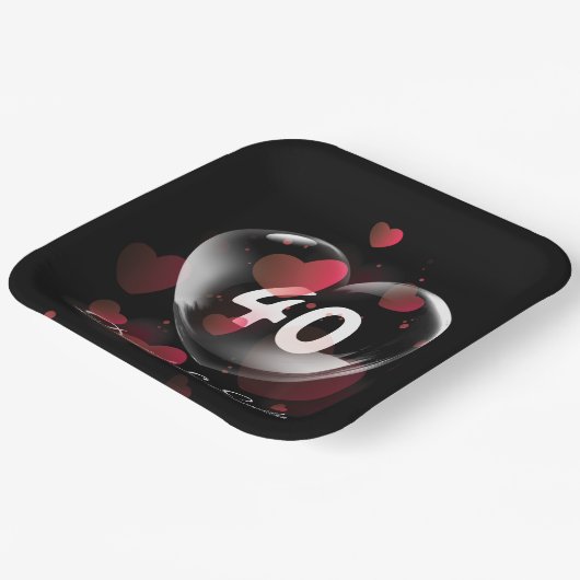 Herzblase zum 40. Jubiläum mit roten Herzen Pappteller (Gewinkelt)