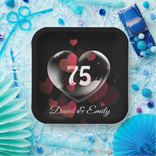 Herzblase zum 75. Jubiläum mit roten Herzen Pappteller (Party)