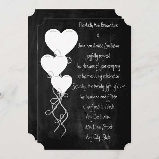 Herzblasen auf einer Chalkboard-Hochzeit Einladung (Vorne/Hinten)