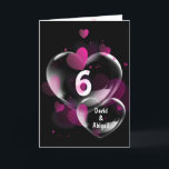 Herzblasen zum 6. Jubiläum in Schwarz Karte<br><div class="desc">Rosa Herzen und weiße,  durchscheinende,  herzförmige Blasen zum 6. Jubiläum auf schwarzem Hintergrund. Text kann für jedes Hochzeitsjahr bearbeitet werden. Namen können geändert werden. Die schwarze Hintergrundfarbe kann geändert werden.</div>