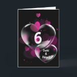 Herzblasen zum 6. Jubiläum in Schwarz Karte<br><div class="desc">Rosa Herzen und weiße,  durchscheinende,  herzförmige Blasen zum 6. Jubiläum auf schwarzem Hintergrund. Text kann für jedes Hochzeitsjahr bearbeitet werden. Namen können geändert werden. Die schwarze Hintergrundfarbe kann geändert werden.</div>
