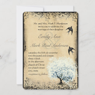 Herzblatt-Blauer-Baum-Vintage-Vogel-Faux-Pergament Einladung