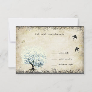 Herzblatt-Blauer-Baum-Vintage-Vögel-Perlmut-Pergam RSVP Karte
