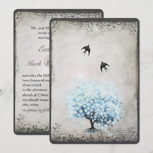 Herzblatt-Blauer-Baum-Vintage-Vogel-Silber-Pergame Einladung