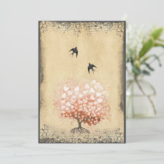 Herzblatt Korallenpfeffer Bud Tree Love Bird Weddi Einladung (Stehend Vorderseite)