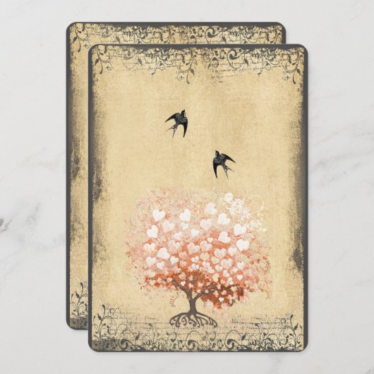 Herzblatt Korallenpfeffer Bud Tree Love Bird Weddi Einladung (Vorne/Hinten)