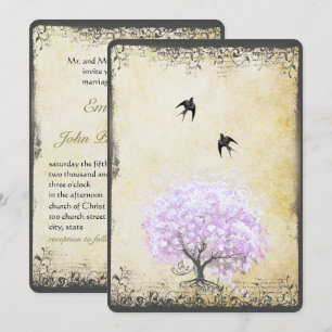 Herzblatt-Lavendelbaum Vintage-Vogel-Hochzeit Einladung