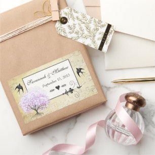 Herzblatt-Lavendelbaum Vintage-Vogel-Hochzeit Rechteckiger Aufkleber