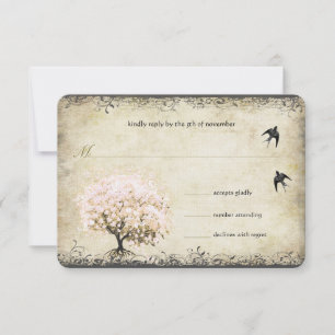 Herzblatt Rosa Baum Vintage Vögel Hochzeit RSVP Karte