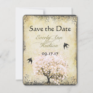 Herzblatt-Rosa-Baum Vintage-Vogel Save-the-Date Save The Date