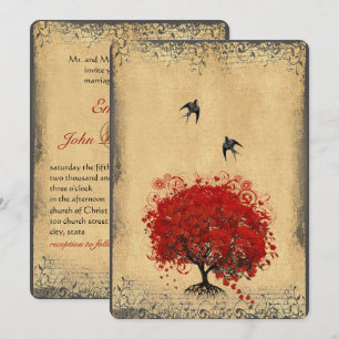 Herzblatt Roter Baum Vintage Vögel Basis Papier Einladung
