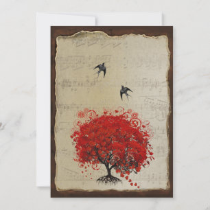Herzblatt-Roter-Baum-Vintage-Vögel-Hochzeitseinlad Einladung