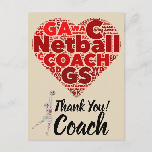 Herzdesign Netball Coach Vielen Dank Postkarte (Vorderseite)