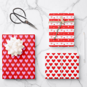 Herzen auf Rot & Weiß Geschenkpapier Set
