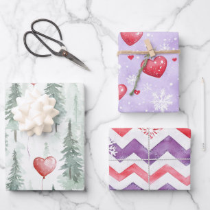 Herzen Bäume Schneeflocken Rot Lila Weihnachten Geschenkpapier Set