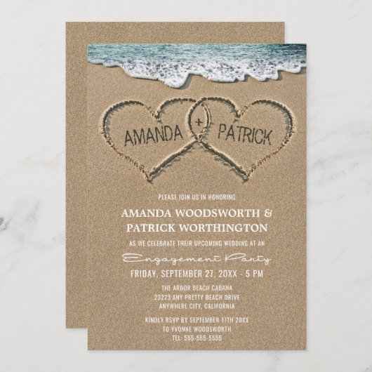 Herzen der Sand Engagement Party Einladungen (Vorne/Hinten)