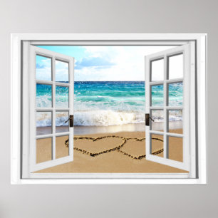 Herzen im Sand-Imitat-Strand-Ansicht-Fenster Poster