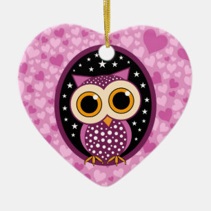 Herzen, Sterne und Eule Keramik Ornament