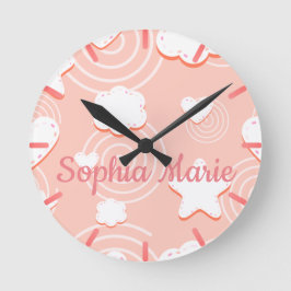 Herzen, Sterne und Wirbel aus rosa Brise Runde Wanduhr