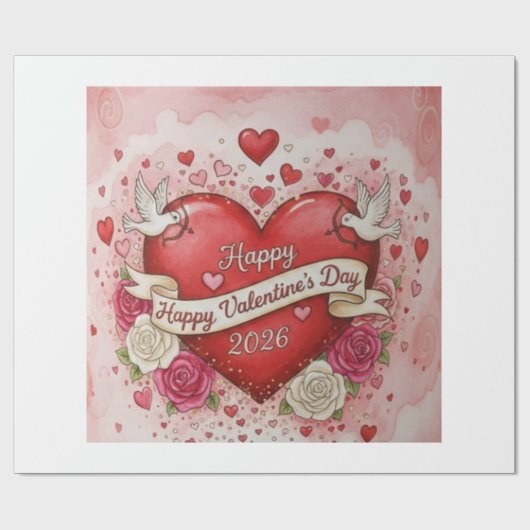 Herzen & Tauben - Valentinstag 2026 Design Geschenkpapier (Flach)