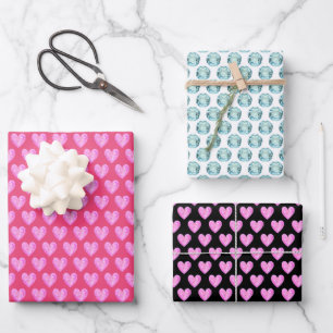 Herzen und Edelsteine auf Schwarz, Rosa und Weiß Geschenkpapier Set