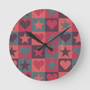 Herzen- und Sterne-Muster Rosa Runde Wanduhr