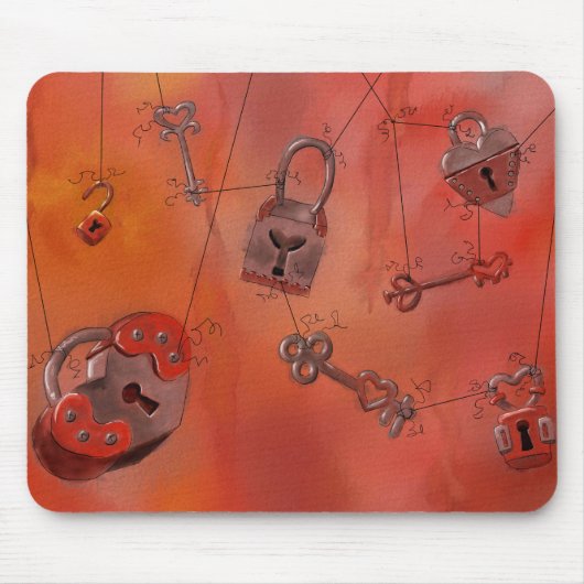 Herzen und Verschlüsse, Aquarell-Malerei Mousepad (Vorne)