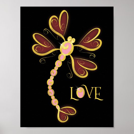 Herzflügel Dragonfly "Liebe" Gold hübsches Design Poster (Vorne)